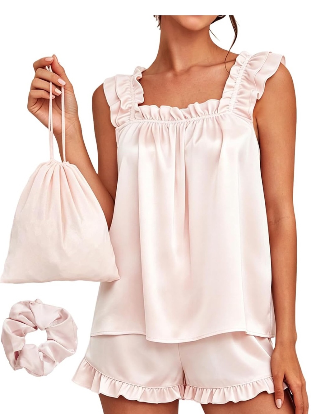 Women’s Satin Ruffle Sleep Set - Light Pink